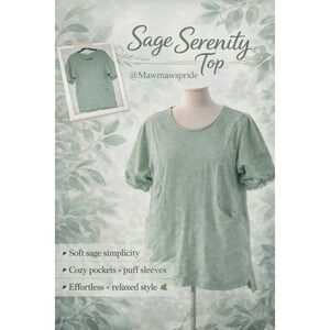 Umgee USA Sage Green Slub Knit Puff Sleeve Pocket Top Small Bohemian Relaxed
